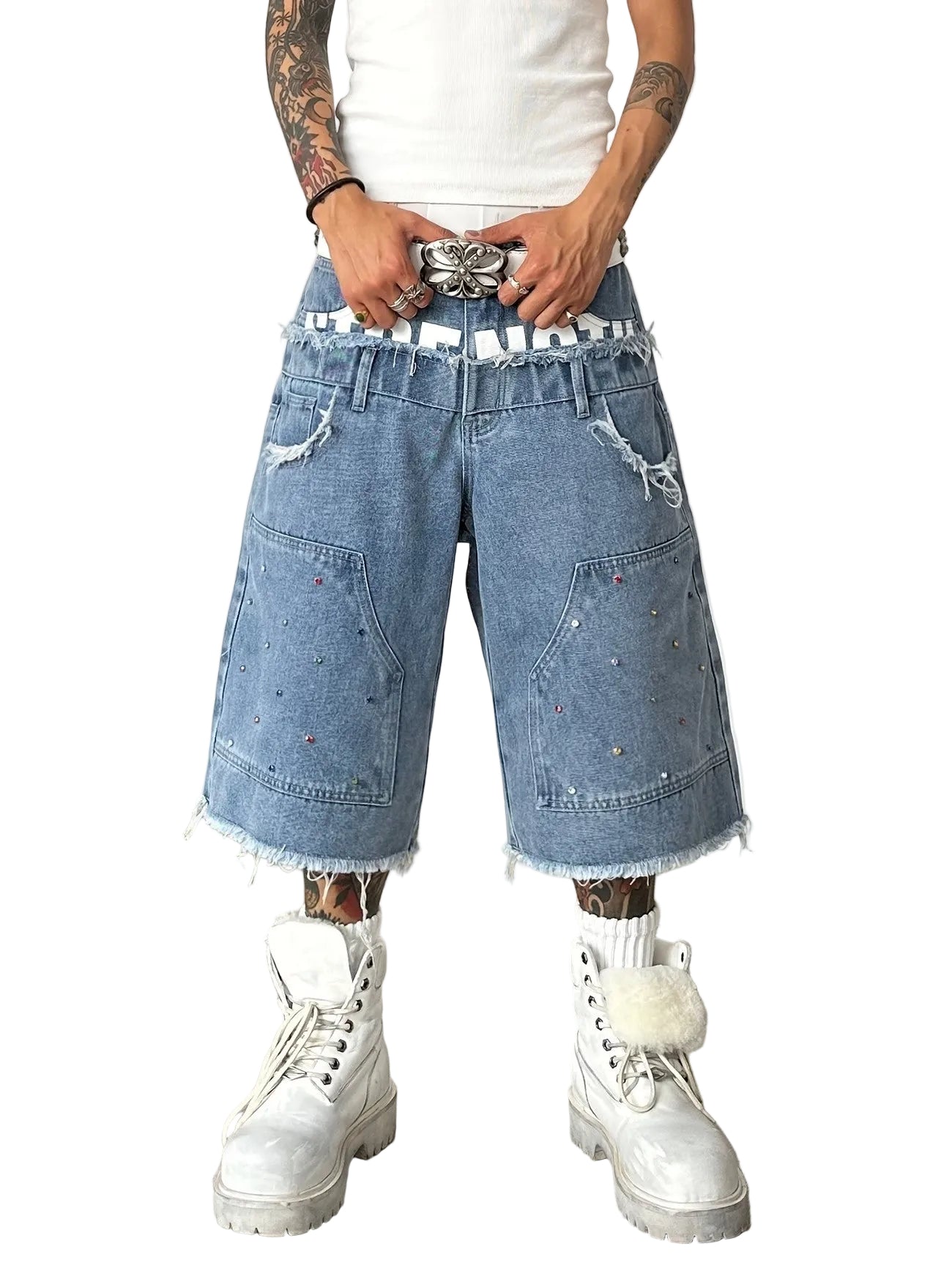 Men's Double-Waistband Shorts with Rhinestones