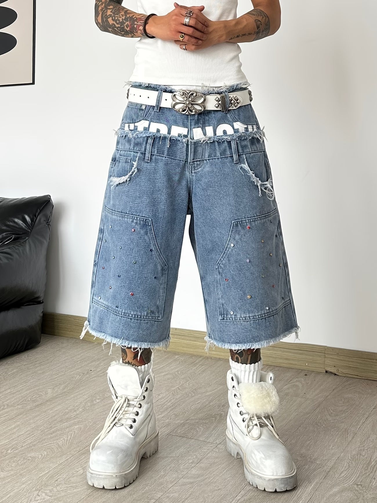 Men's Double-Waistband Shorts with Rhinestones