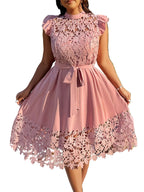 Women's Floral Lace Midi Dress with Waist Tie