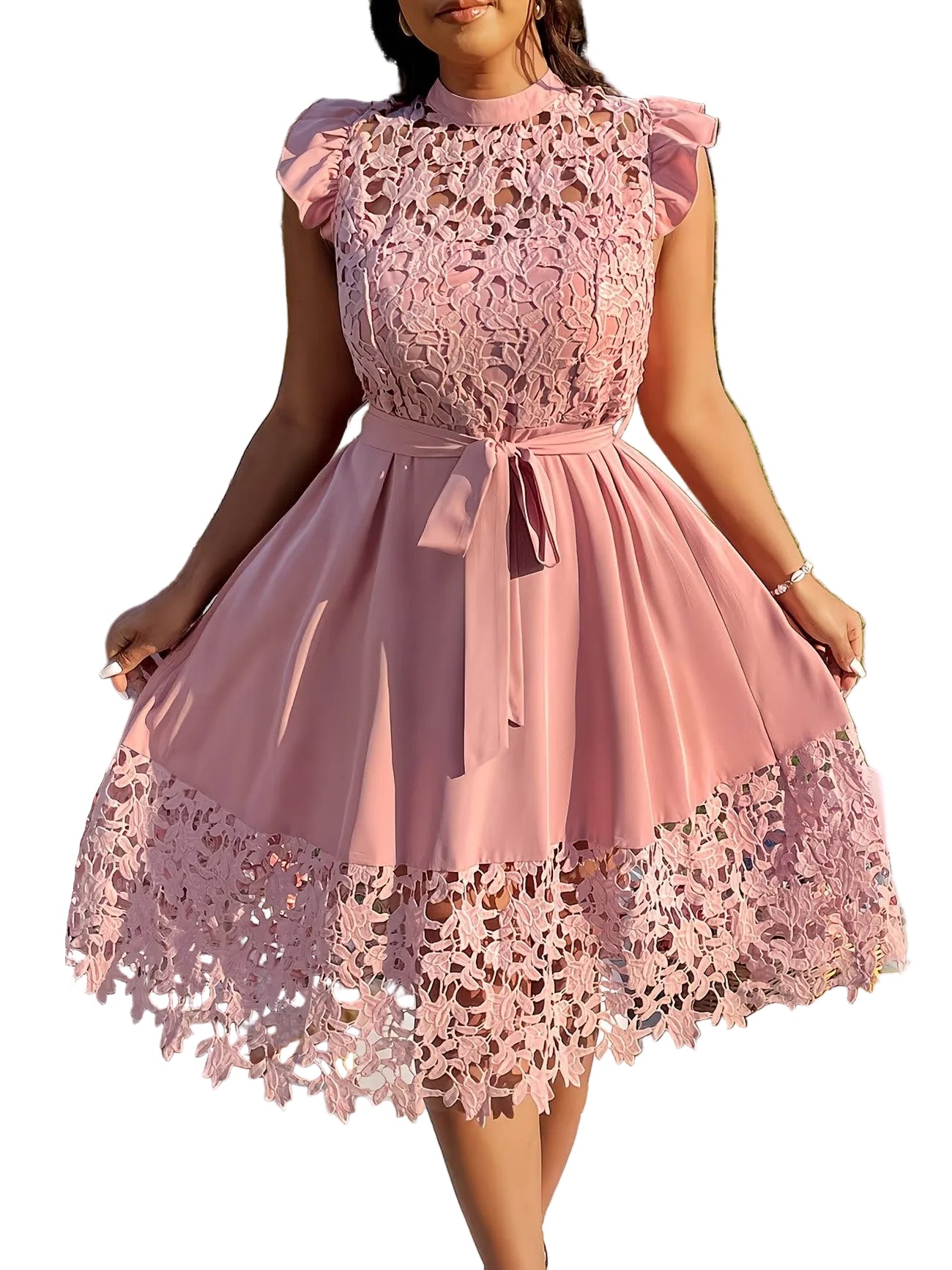 Women's Floral Lace Midi Dress with Waist Tie