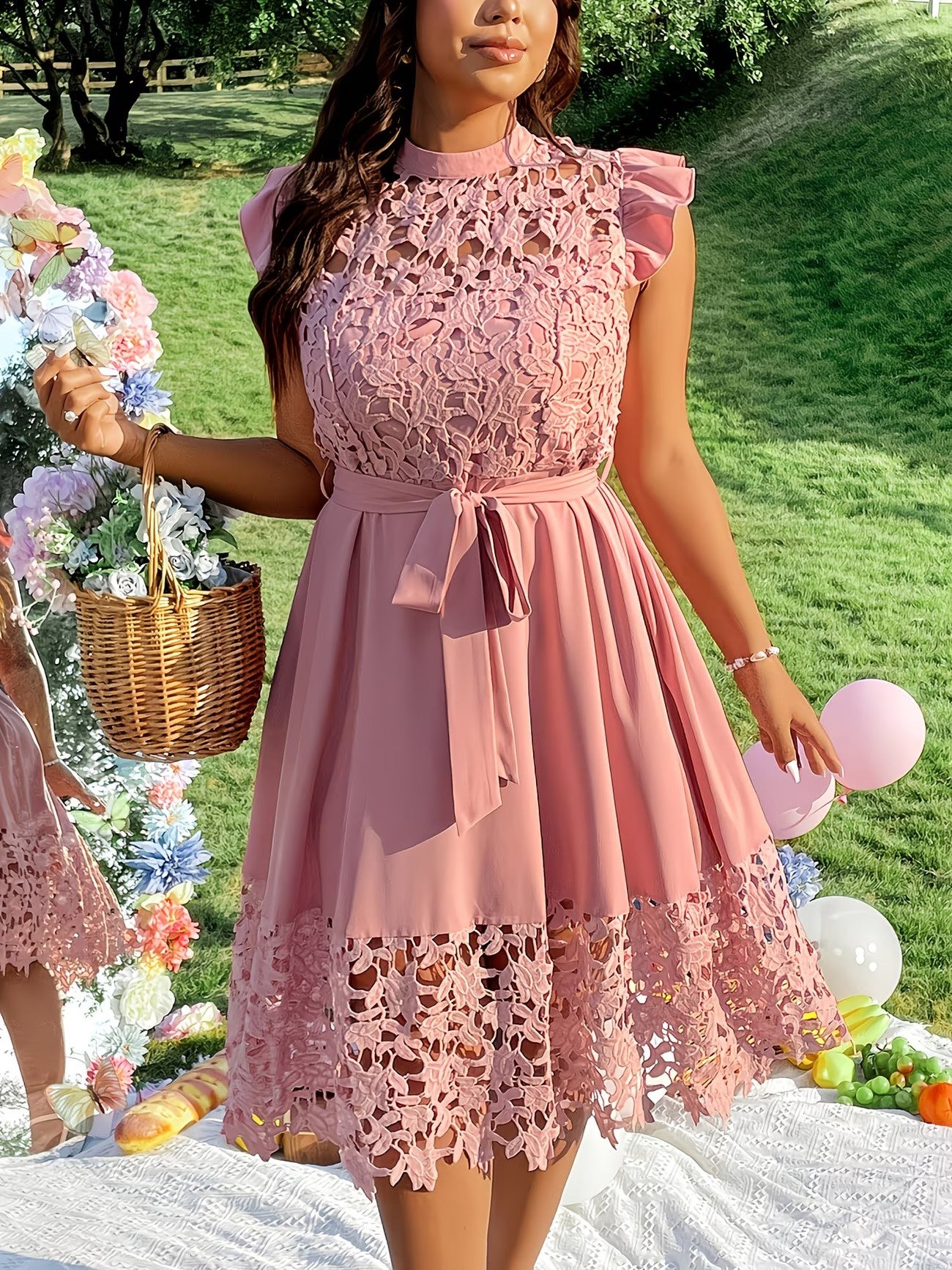 Women's Floral Lace Midi Dress with Waist Tie