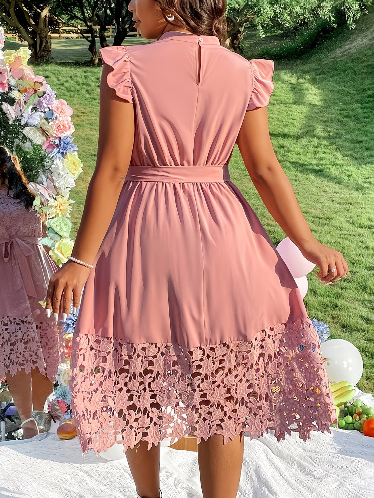 Women's Floral Lace Midi Dress with Waist Tie