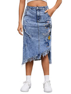 Women's Fringed Midi Skirt with Floral Embroidery