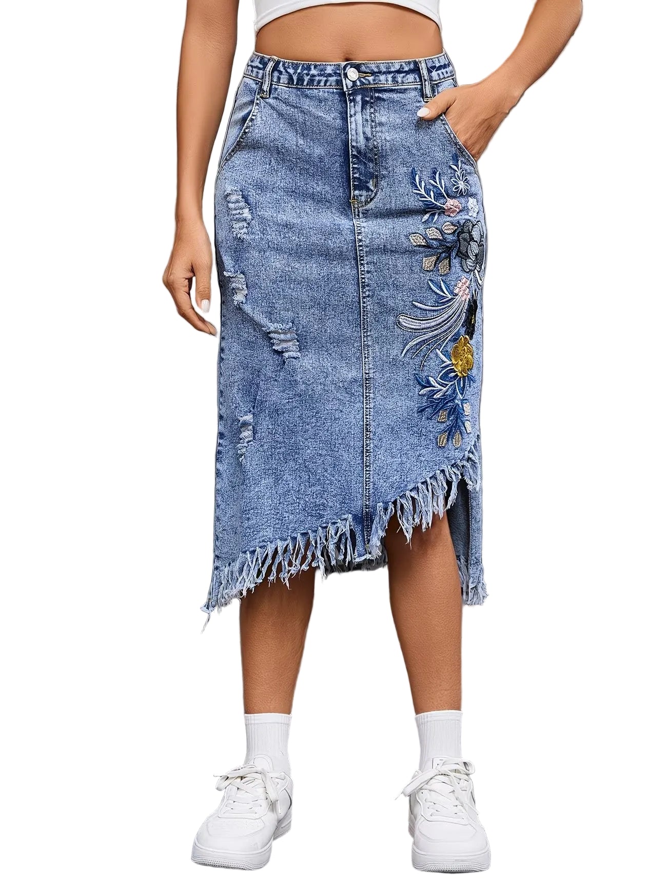 Women's Fringed Midi Skirt with Floral Embroidery