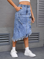 Women's Fringed Midi Skirt with Floral Embroidery