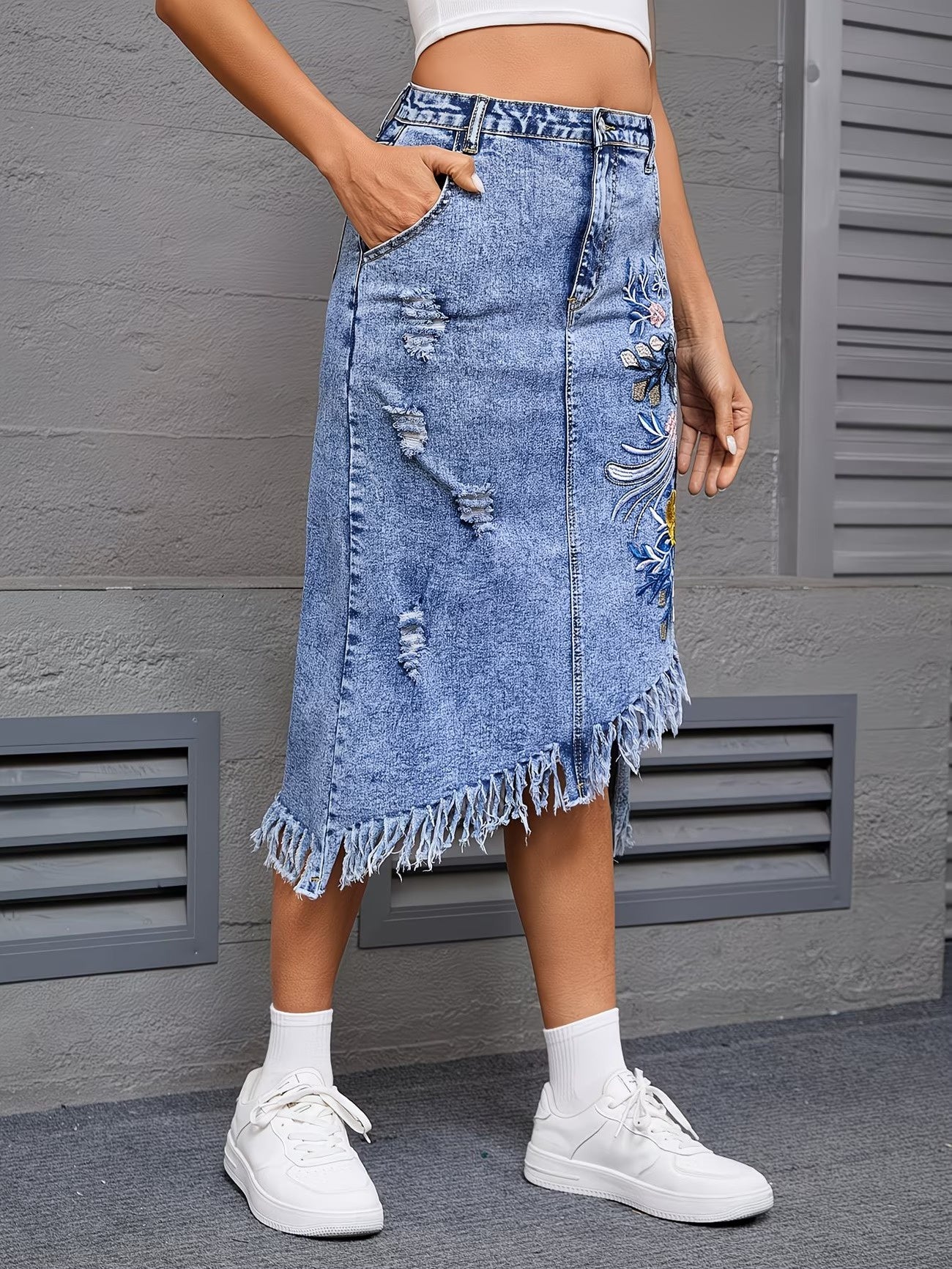 Women's Fringed Midi Skirt with Floral Embroidery