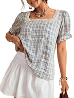 Women's Plaid Square-Neck Blouse with Lace Trim