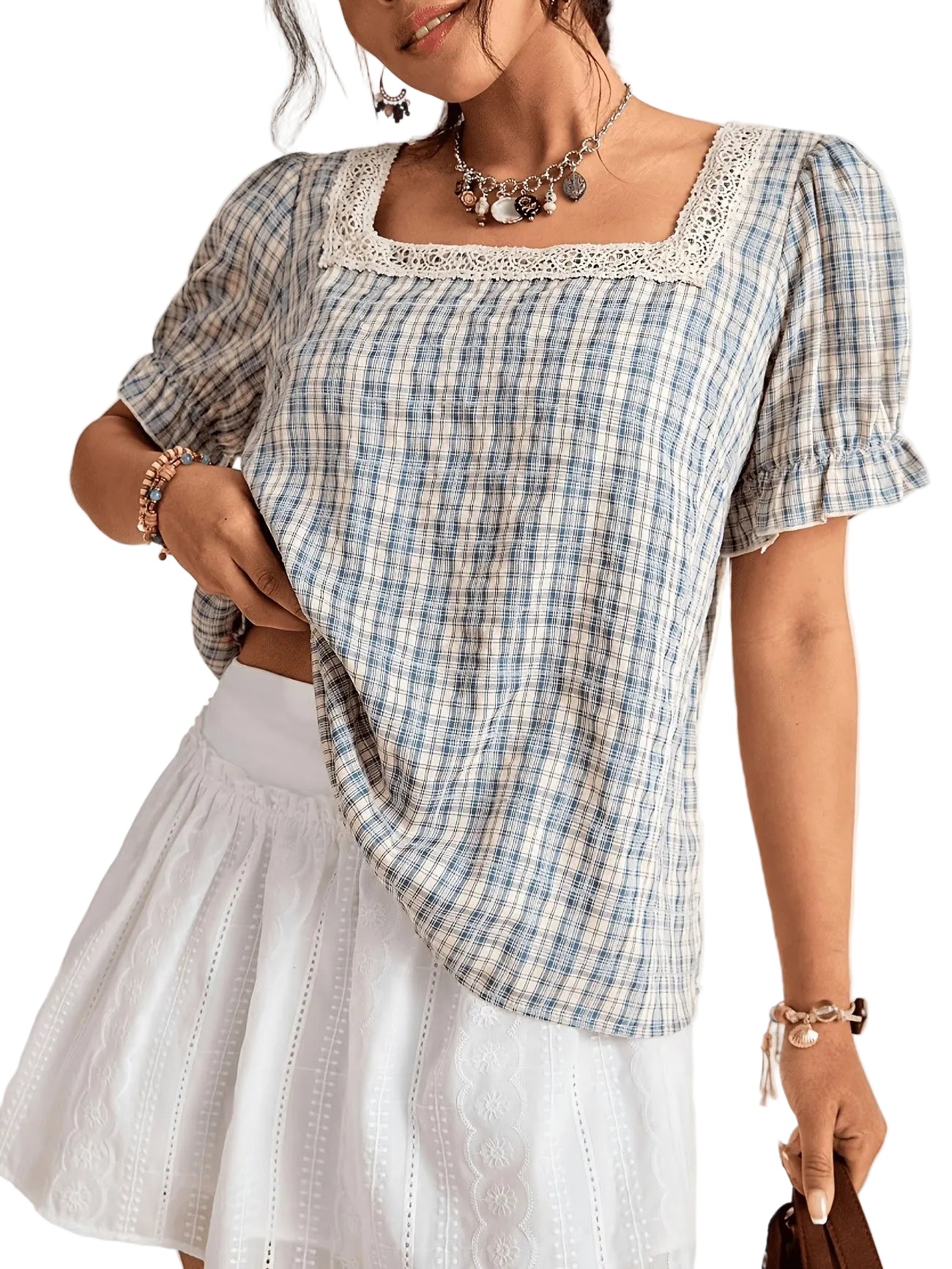 Women's Plaid Square-Neck Blouse with Lace Trim