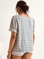 Women's Plaid Square-Neck Blouse with Lace Trim