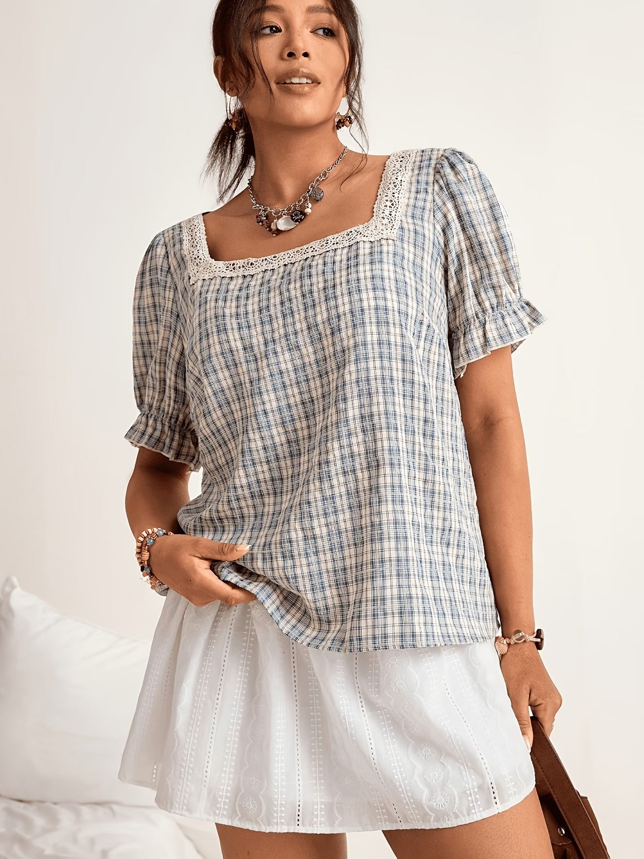 Women's Plaid Square-Neck Blouse with Lace Trim